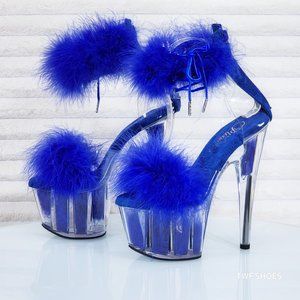 Brilliant Blue Furry Marabou Feather 7" High Heel Platform Shoes